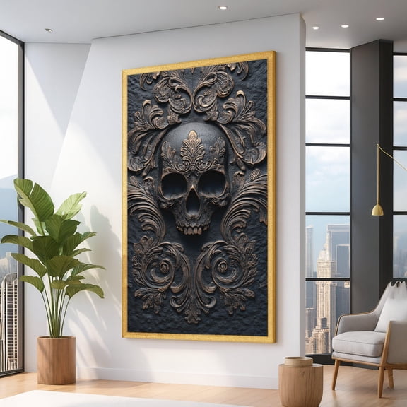 Ornate Skull Relief Wall Art, Gothic Dark Decor, Baroque Style Skull, Vintage Industrial Home Decoration, Ready To Hang Art UNFRAMED Poster, Wall Art for Decor, Present, 8x12