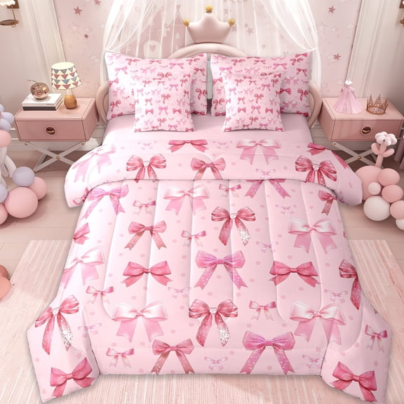 Erosebridal Pink Cute Coquette Bowknot 7-Piece Twin Bedding Sets,Girly Bowtie Princess Bedding Comforter Set For Bows Lover,Pink Reversible