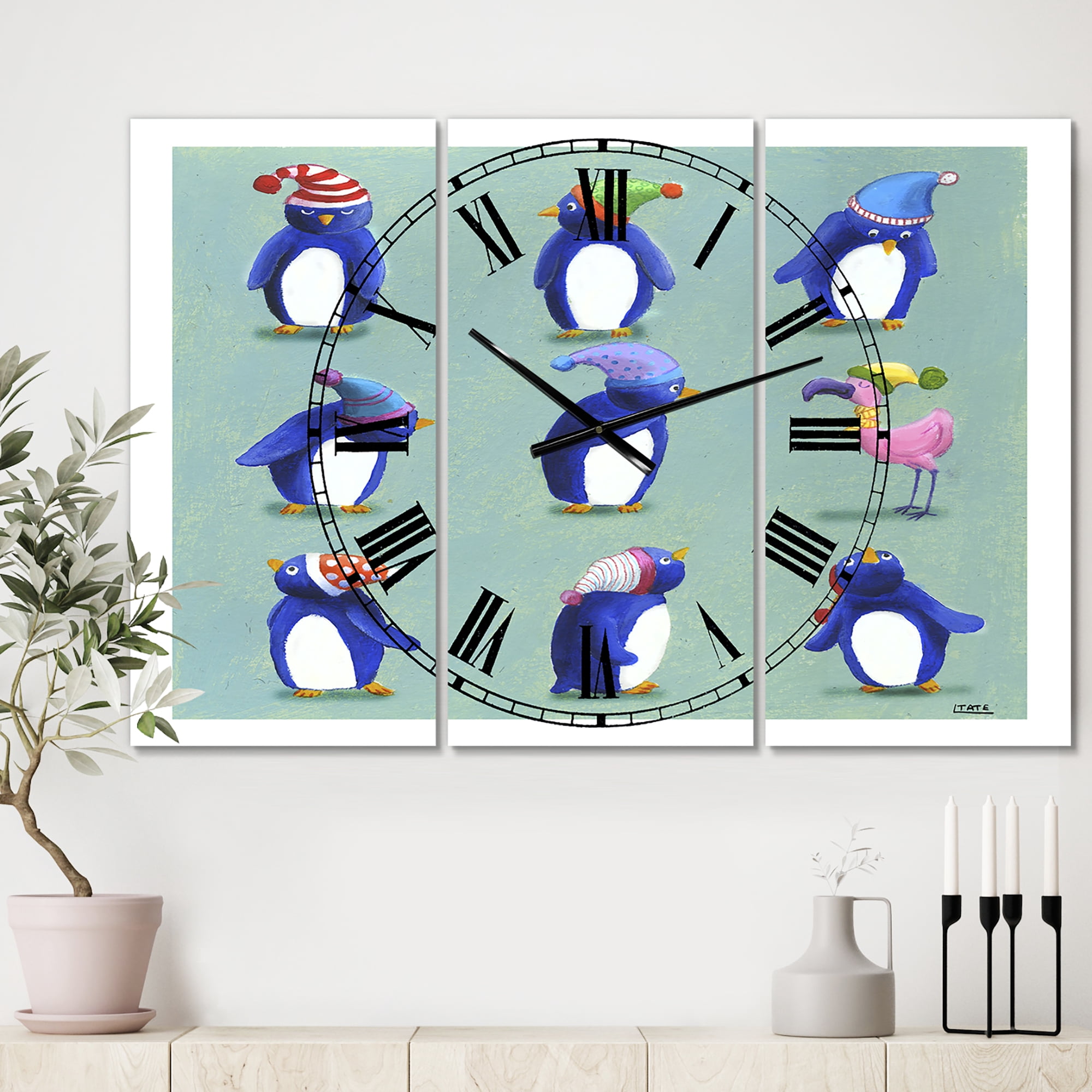 Designart 'Eight Penguins And A Flamingo' Large Nautical & Coastal Wall Clock