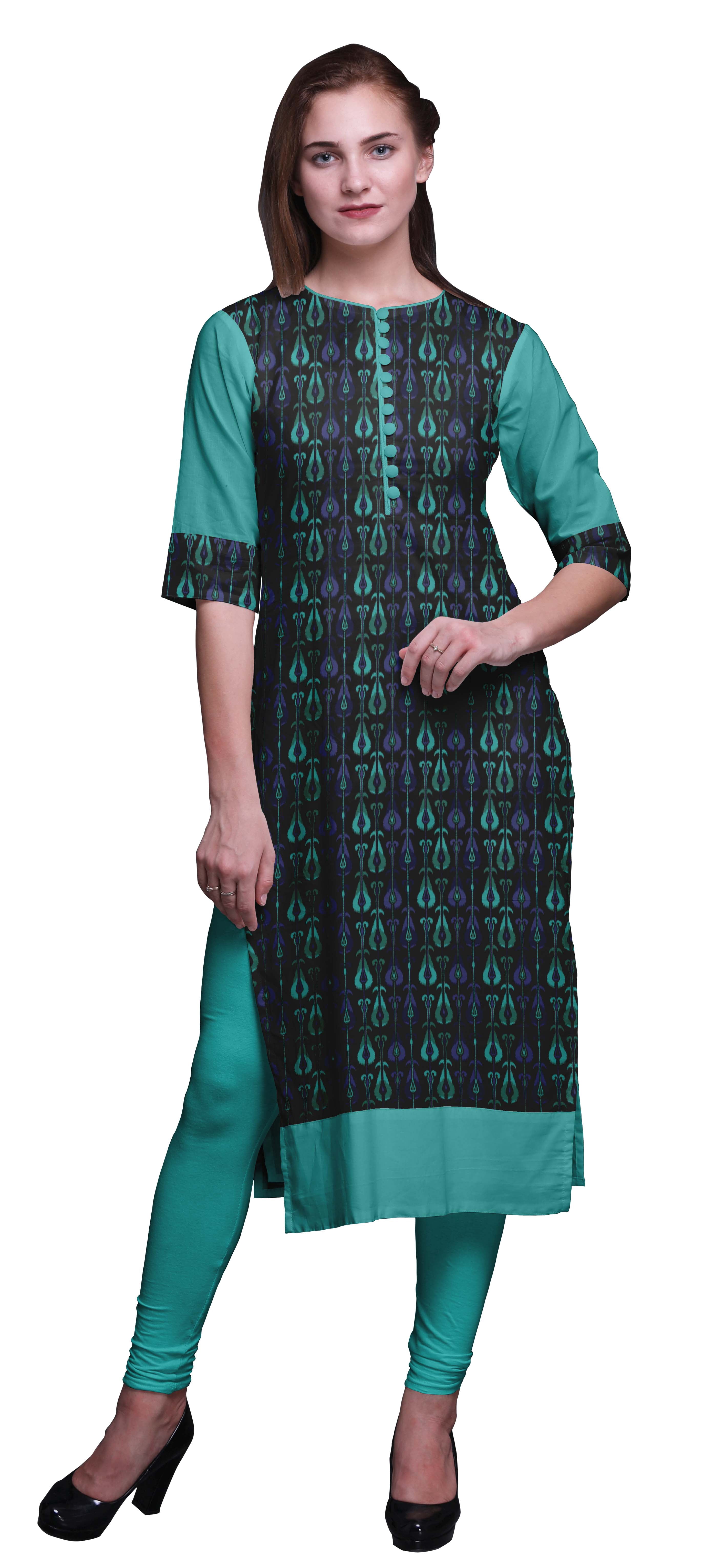 Bimba Women's Straight Black Kurta Kurti - Rayon Indian Tunic With Contrast Yoke - View #4