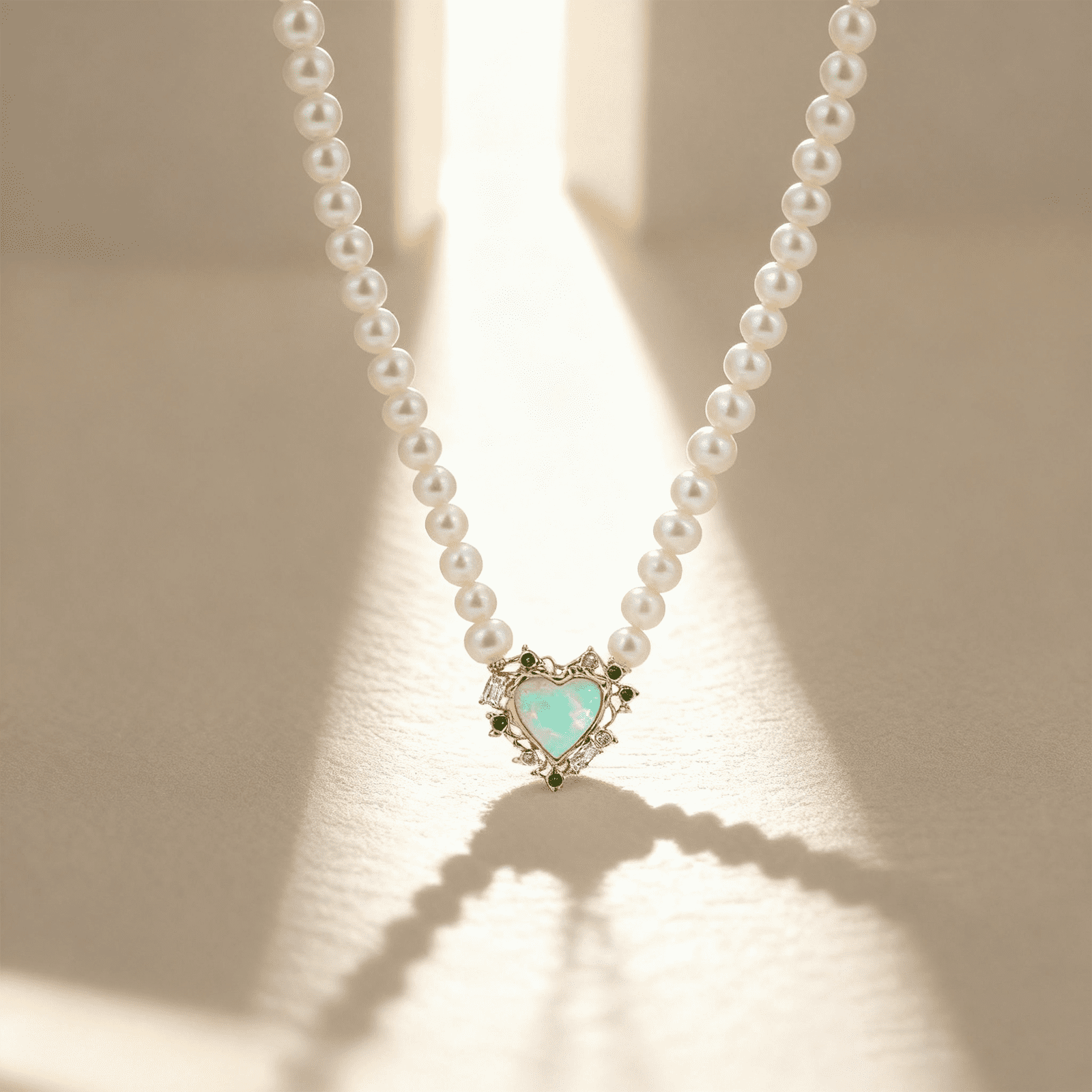 Pearl & Opal Heart Necklace with Zirconia, 14K Gold Plated 925 Sterling Silver,Adjustable Chain Romantic Birthstone Jewelry Gift for Women