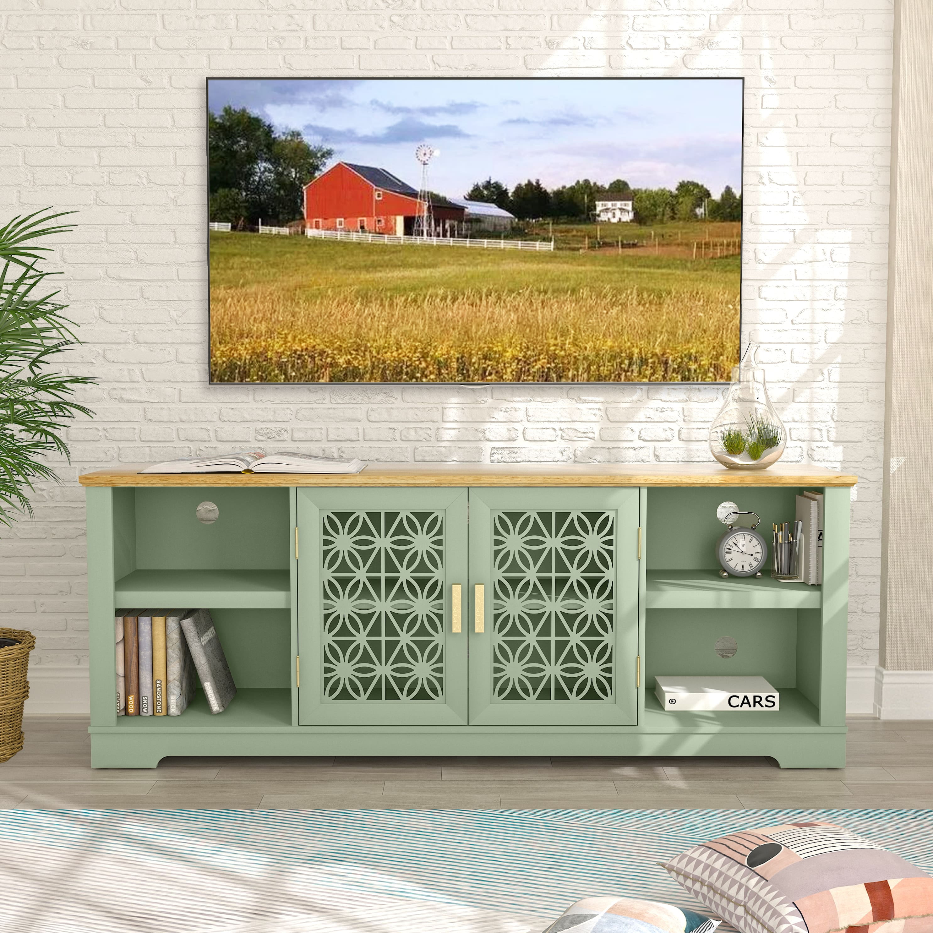 FESTIVO 70 in. Green TV Stand Console Entertainment Center for Tv up to