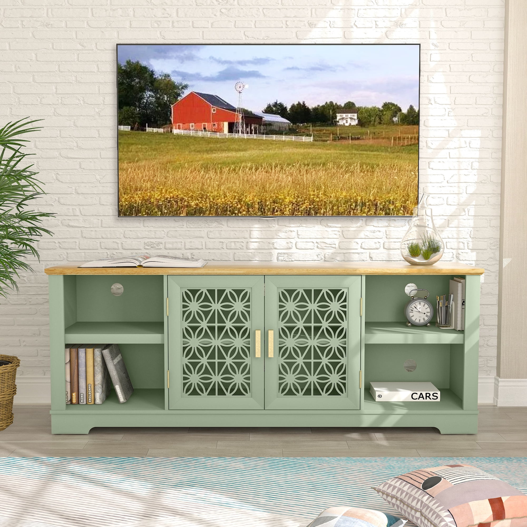 FESTIVO 70 in. Green TV Stand Console Entertainment Center for Tv up to 75 in. with Large Storage