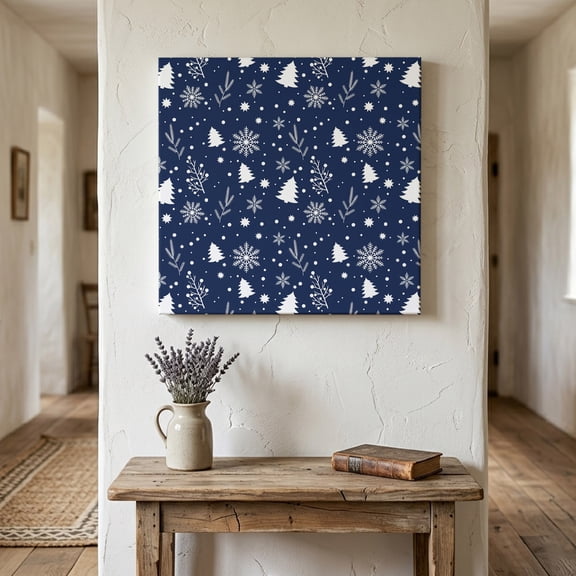 Ships Next Day Canvas Wall Art 16"x16", Navy Blue Christmas Wood Framed Canvas Print Painting, Xmas Trees Snowflake Winter Botanical Ready to Hang Picture Wall Decor for Home Bedroom Kitchen Office