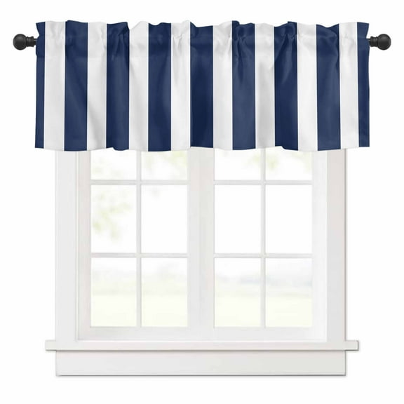 Navy Blue Striped Valances for Windows White Striped Rod Pocket Curtain Valance Window Treatment Short Curtains for Kitchen Living Room, 54"x18"