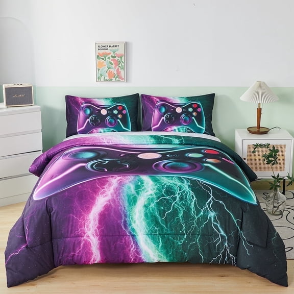 PERFEMET Gaming Bedding Set for Boys,3-Piece 3D Green Purple Lightning Game Controller Kids/Teens Bedding,Twin