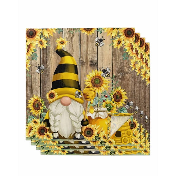Yellow Sunflower Cloth Napkins Set of 4 Reusable Dinner Napkins, Farmhouse Wood Grain Bees Gnomes Cocktail Napkin Washable Table Napkins for Wedding/Holiday Party/Baby Shower 20"x20"