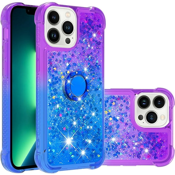 Compatible with iPhone 14 Pro Max Case with Kickstand Gradient Sparkle Glitter Flowing Liquid Quickstand Series Bling Soft TPU Bumper Shockproof Protective Phone Case for Women Girls PurpleBlue