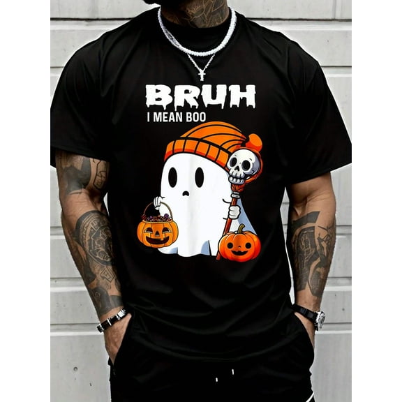 100% Cotton Halloween Bruh I Mean, Ghost Skull Pumpkin T-Shirt Street Hip-Hop Style Men's T-Shirt