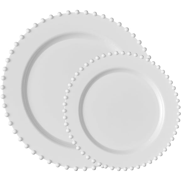 32 Piece Combo Plastic Dinner Plates Disposable Plastic Fancy Heavy Duty Party Dishes 7 inch and 10 inch, White Beaded