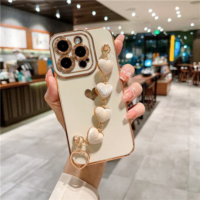 Funda de teléfono con correa de amor chapada de lujo para iPhone 11, 12, 13, 14 Pro, Max, X, XR, XS, marco de corazón bonito, 7, 8 Plus, SE Fivean unisex