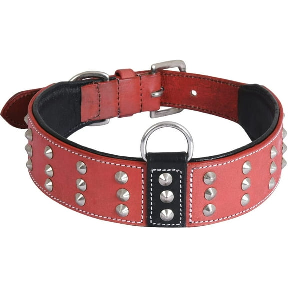 DowgClub | Genuine Leather Dog Collar with Riveted Spikes | Saddle Grade, Full Grain, Heavy Duty | Comfortable, Cushion Padding Inside, Strong | Best for Medium, Large, XL Breeds