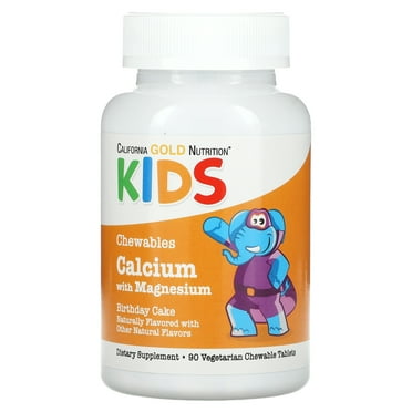 California Gold Nutrition Chewable Calcium with Magnesium For Children, Birthday Cake, 90 Vegetarian Tablets