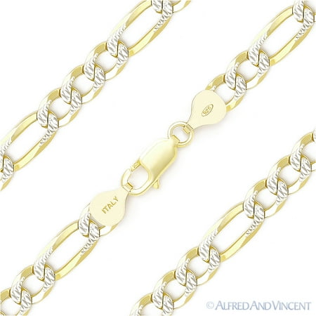 7mm Figaro Link D-Cut Pave Italian Chain Bracelet in .925 Sterling Silver w/ 14k Yellow Gold