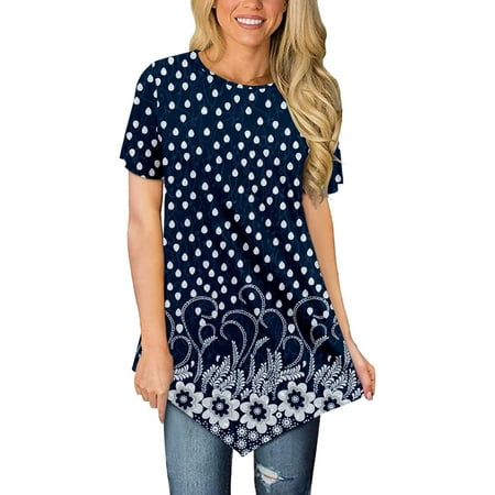 BYOIMUD Clothing Sales Tunic Top for Women Summer Short Sleeve Flower Asymmetrical Top Leisure Loose Fit T Shirt Flowy Pullover Shirt Tees Black