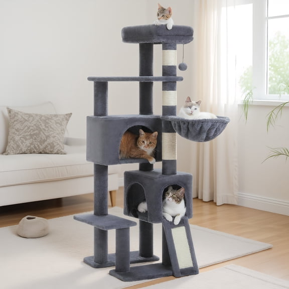 Pefilos 51" Cat Tree for Indoor Cats, Cat Tower with 2 Cozy Condos, Top Perch, Hammock, Climbing Ladder, Dark Gray
