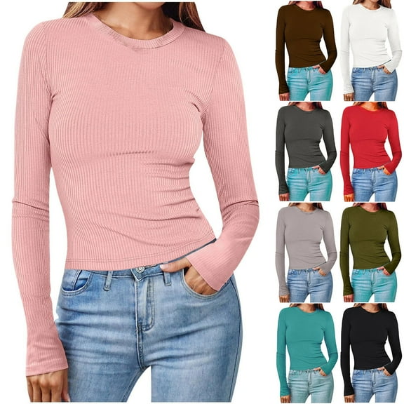 Womens Long Sleeve Crewneck Tee Solid Color Comfort Fit Casual Basic Wardrobe Essential Top