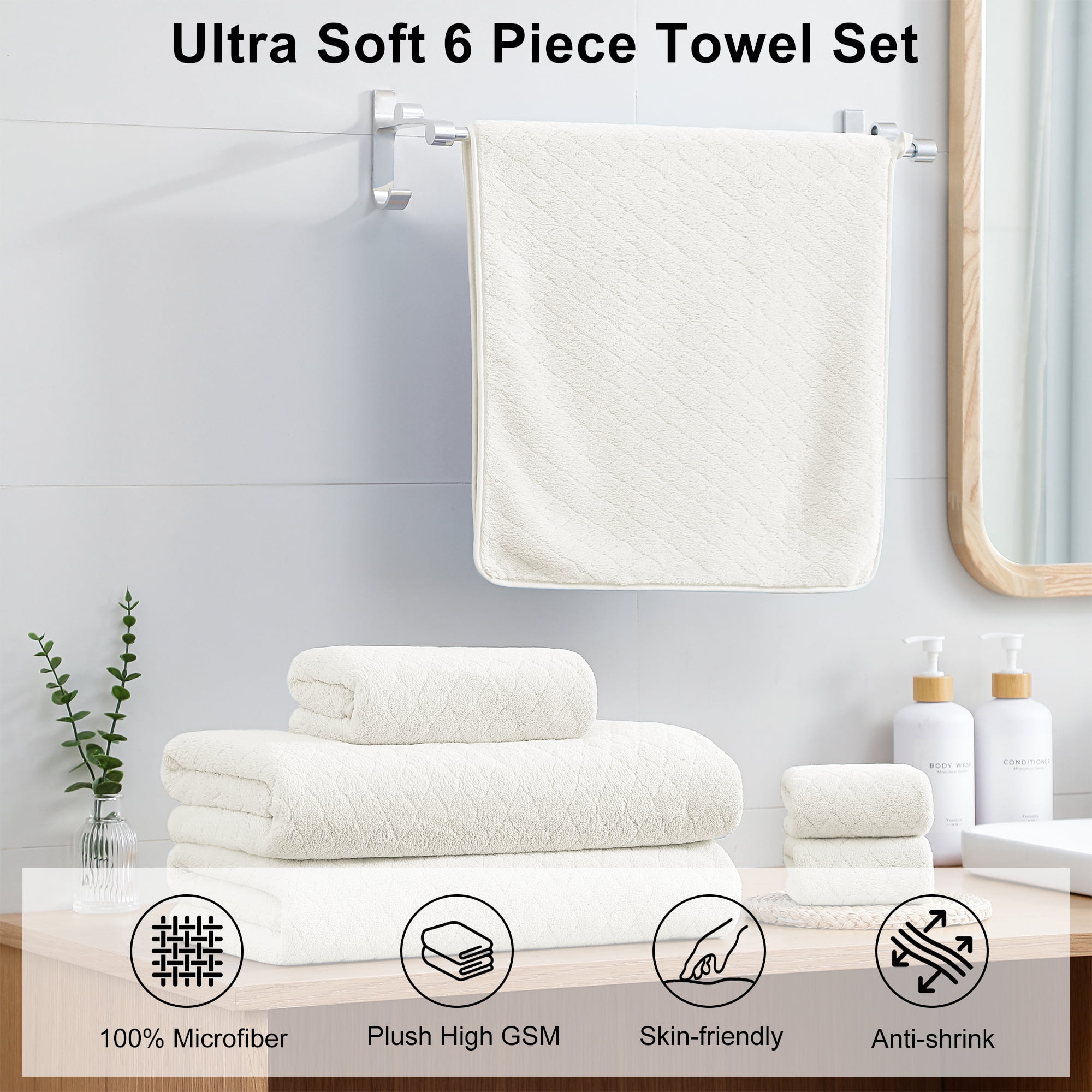 Jessy Home 6 Piece Towel Set Beige Soft Bath Towel Set for Bathroom-2 Bath Towels, 2 Hand Towels, 2 Washcloths Highly Absorbent Bath Sheet for Hotel & Spa