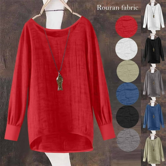 Cotton Tshirts for Women, Titcea Solid Color Crew Neck Long Sleeve Shirts, Loose Comfy Lightweight Casual Tops