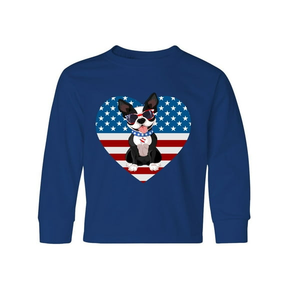 Inktastic Boston Terrier Dog US Flag July 4th Long Sleeve Youth T-Shirt
