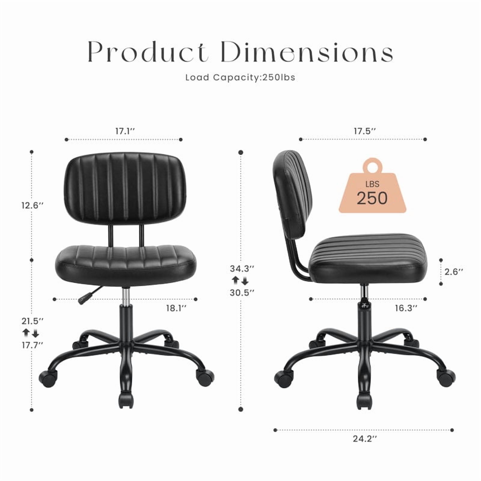 Desk Chair, Armless Activity Chair with Wheels, Comfy Low Back Swivel Task Chair, Black
