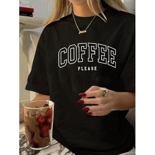 Camiseta básica para mujer verano SuaveWomen's Retro Coffee Print T-Shirt - Casual Crew Neck, Short Sleeve, Black with White Lettering, Polyester Knit, Summer Essential for Coffee LoversFather's Day
