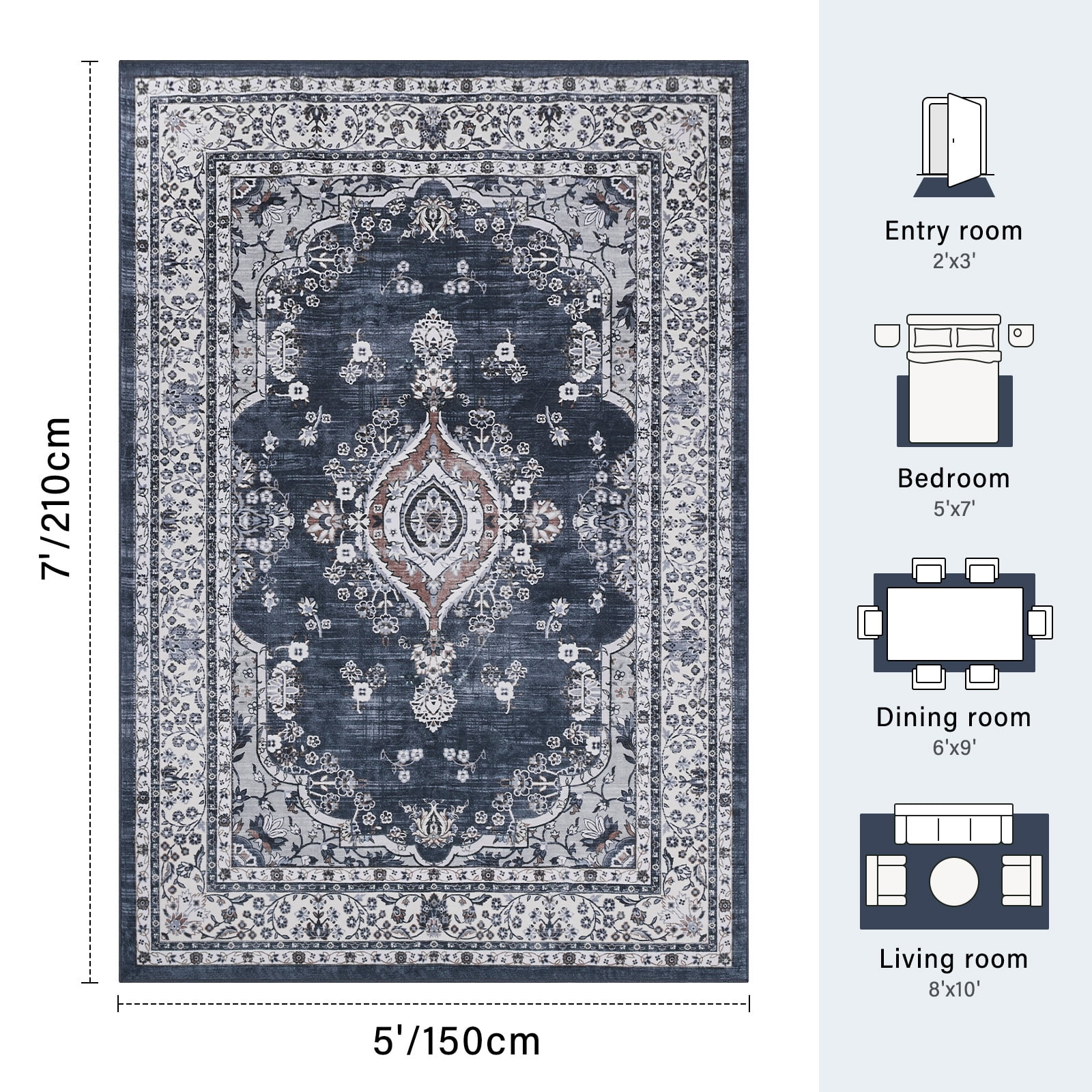 5'x7' Area Rugs for Living Room Washable, Persian  Vintage Boho Non Slip Rug- Oriental Traditional Farmhouse Carpet for Bedrooms Dining Room, Living Room, Home  Office.
