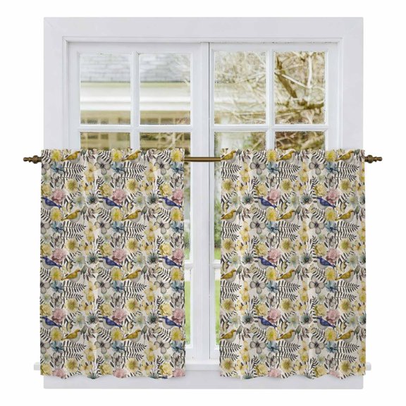 Vintage Flowers Kitchen Curtain for Berdoom Living Room Cafe 54 Inch Length, Spring Yellow Floral Country Leaves Blue Birds Tiers Curtains Light Filtering Drapes Window Treatment 2 Panels 52"Wx54"L