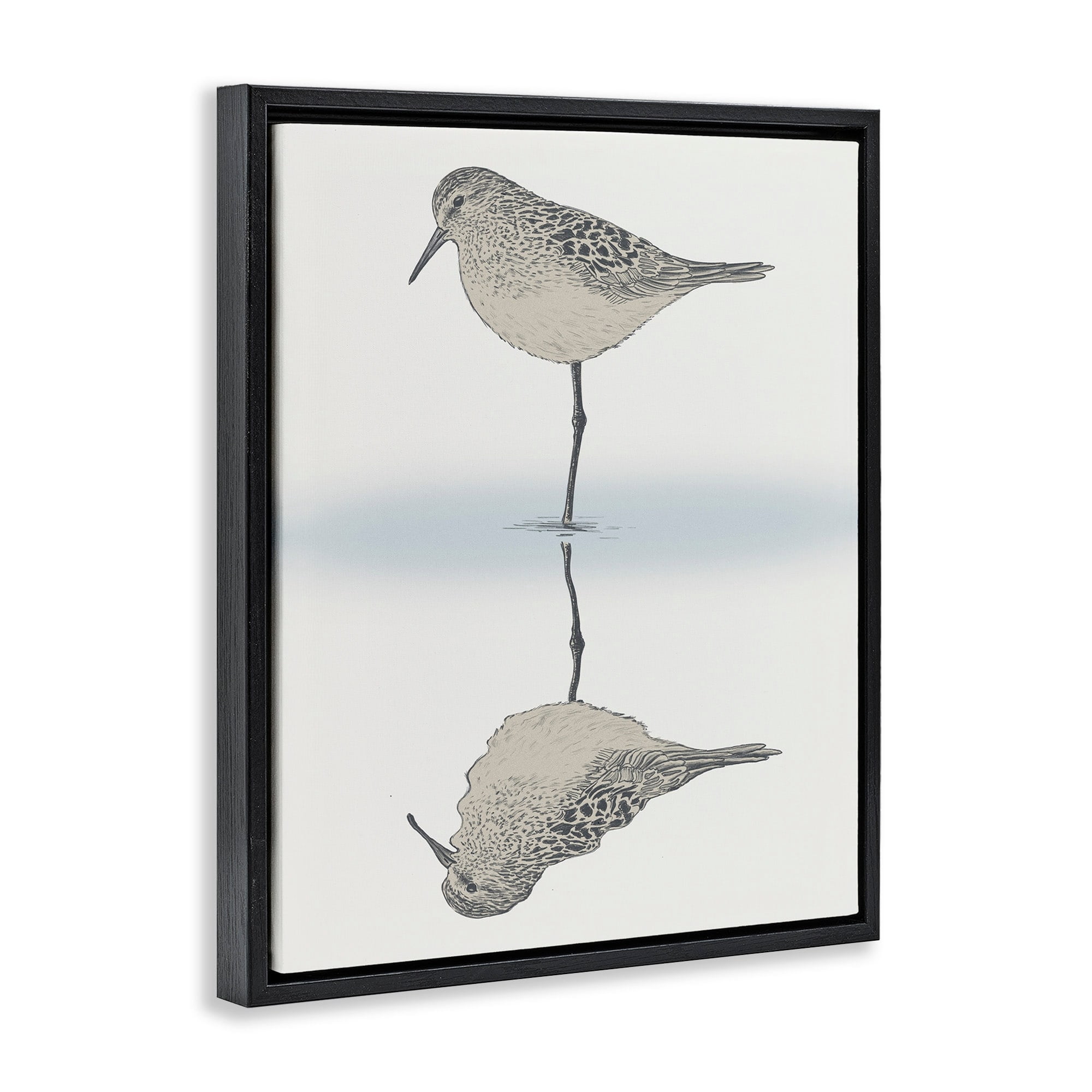 Stupell Industries Tranquil Sandpiper Bird Reflection Shallow Beach Shoreline Graphic Art Jet Black Floating Framed Canvas Print Wall Art, Design by Ziwei Li