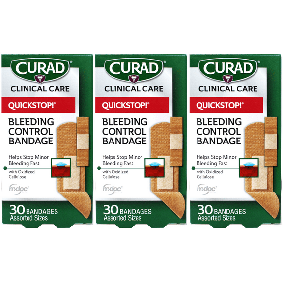 Curad Quickstop Instant Clotting Technology Flex-Fabric Bandages, Assorted, 30 Count - 3 Pack