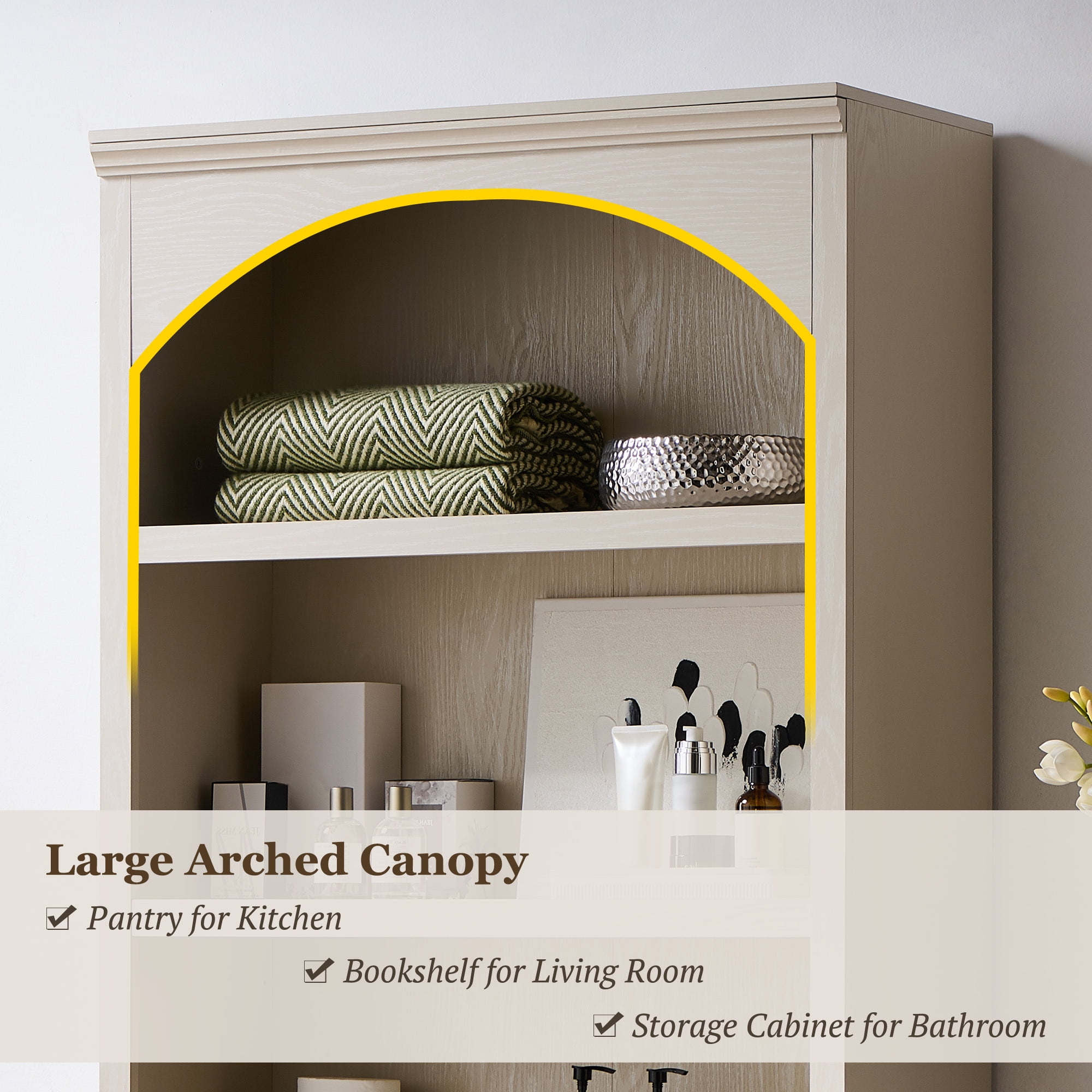 SinCiDo Tall Arched Bathroom Storage Cabinet with Adjustable Shelves, 5-Tier Bathroom Cabinet for Bathroom, Kitchen, Living Room, Cream