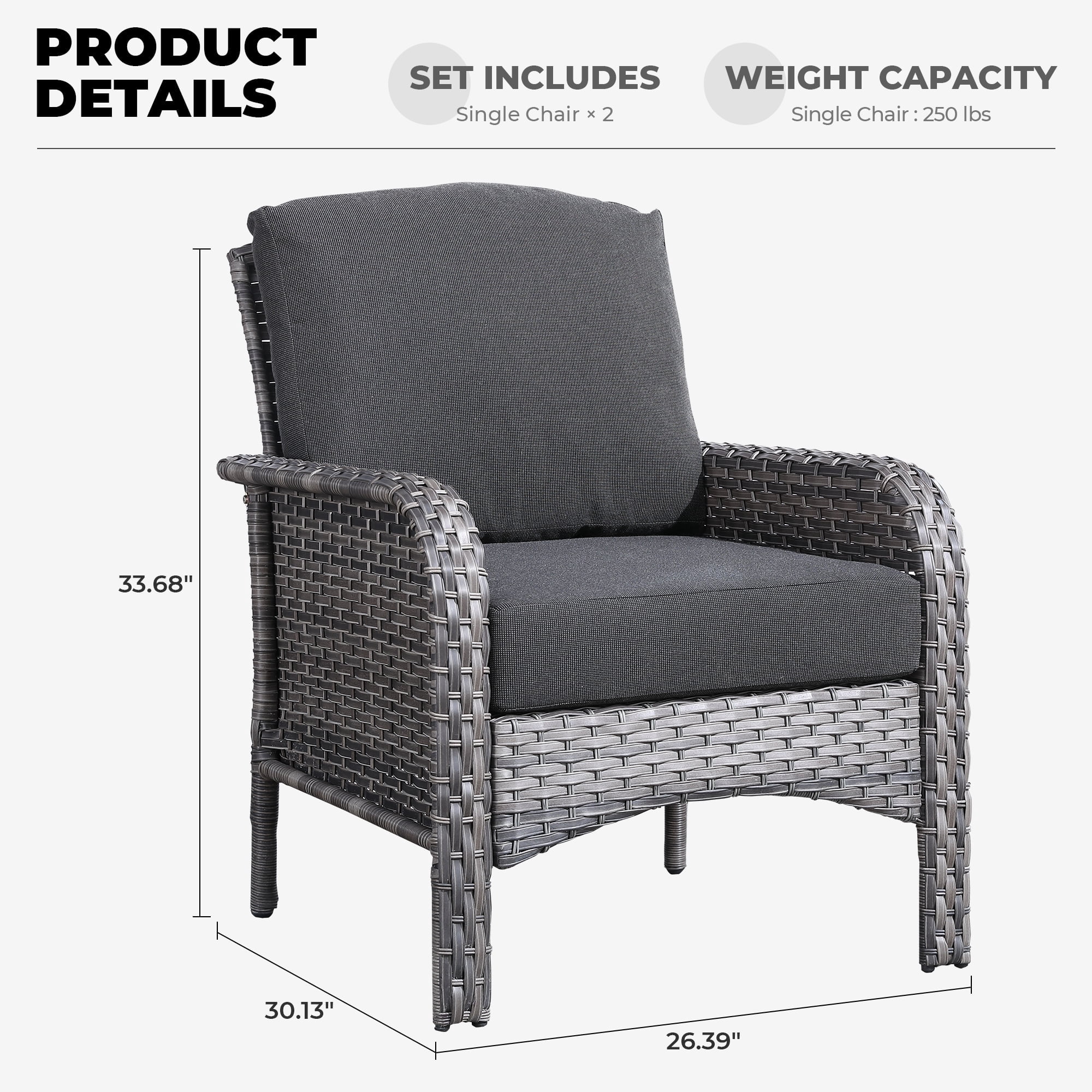Ovios Patio Chairs Set of 2 All-Weather Wicker Patio Furniture Chairs Set Rattan High-Back Outdoor Armchairs with Cushions, Black