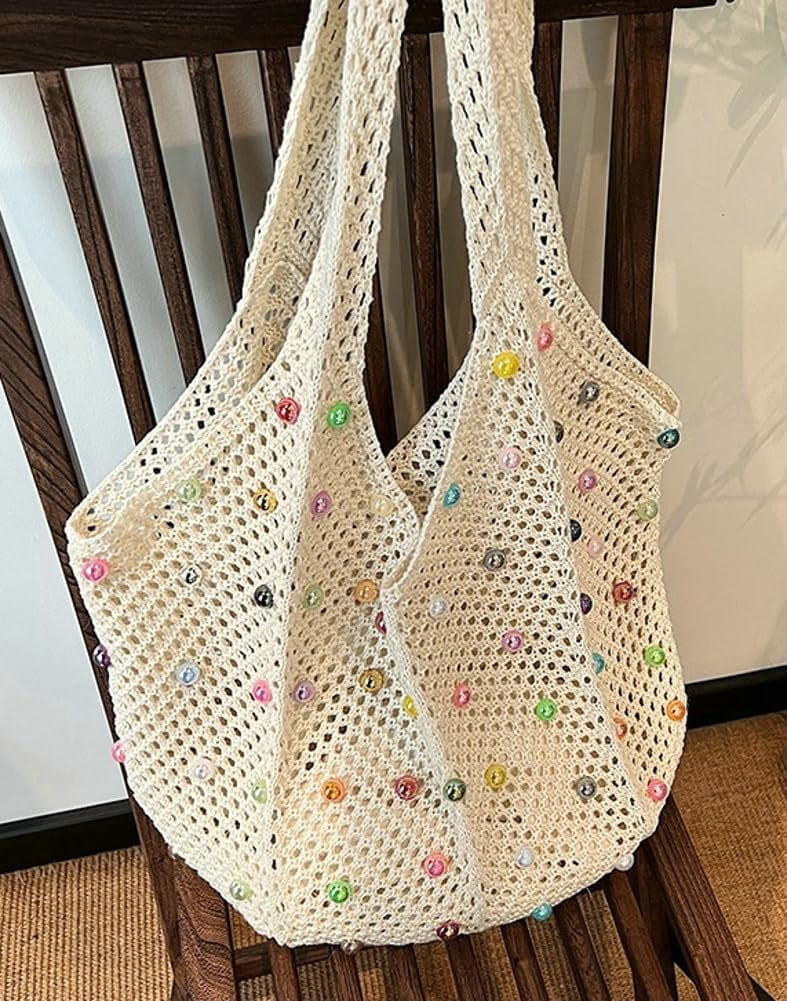 Zhengup Woven Tote Bag for Wineb Crochet Hobo Bags Beaded Shoulder Bag Trendy Knit Hollow Summer Beach Handbag Purse