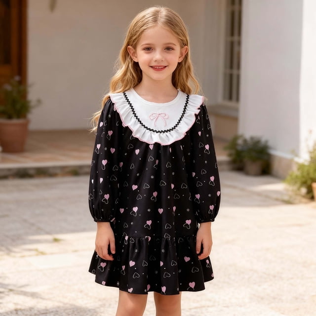 Vestido de manga larga con cuello redondo para niñas de 3 a 10 años.
