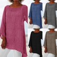 thumbnail image 2 of JUNWELL Hot Blouse Women Solid Color Cotton Linen O-Neck Long Sleeve Irregular Tunic Top Spring Summer Oversized Shirts, 2 of 6