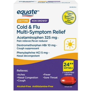 Equate Cold and Flu Multi-Symptom  Fever Reducer Throat Remedies Nasal Decongestant Gels, 24 Count
