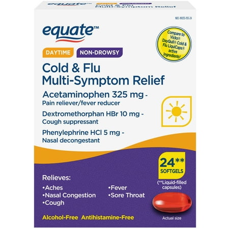Equate Cold and Flu Multi-Symptom Relief Fever Reducer Throat Remedies Nasal Decongestant Gels  24 Count Equate Daytime Non-Drowsy Cold & Flu Multi-Symptom Relief Softgels provide multi-symptom relief from aches  pains  fever  cough  and nasal congestion without causing drowsiness. The alcohol-free and antihistamine-free formula comes in a softgel  making it easy to swallow. The 24 Count Pack provides convenient cold and flu relief at home and on the go. Toss the box into your backpack  briefcase  or purse and count on dependable relief even on your busiest days. Equate Daytime Non-Drowsy Cold & Flu Multi-Symptom Relief Softgels are the affordable and reliable choice for cold and flu care. Your family s health is one of the most important priorities in your life. Walmart s Equate Brand is now the innovative leader in the health  beauty  and personal care marketplace and is outperforming and exceeding the quality standards of many national brands. The Equate brand has everything you need to keep your whole family feeling their best. Whether it s pain relief medication for unexpected situations or superior  tested products for hair or skin care  Equate has you covered. With our Every Day Low Prices  it s easy to stock your bathroom cabinet with premium-quality essentials  even when you re on a budget! For everything from vitamins and supplements  to first aid and feminine care products  you can confidently rely on the Walmart Equate brand to help you care for your family  every day.