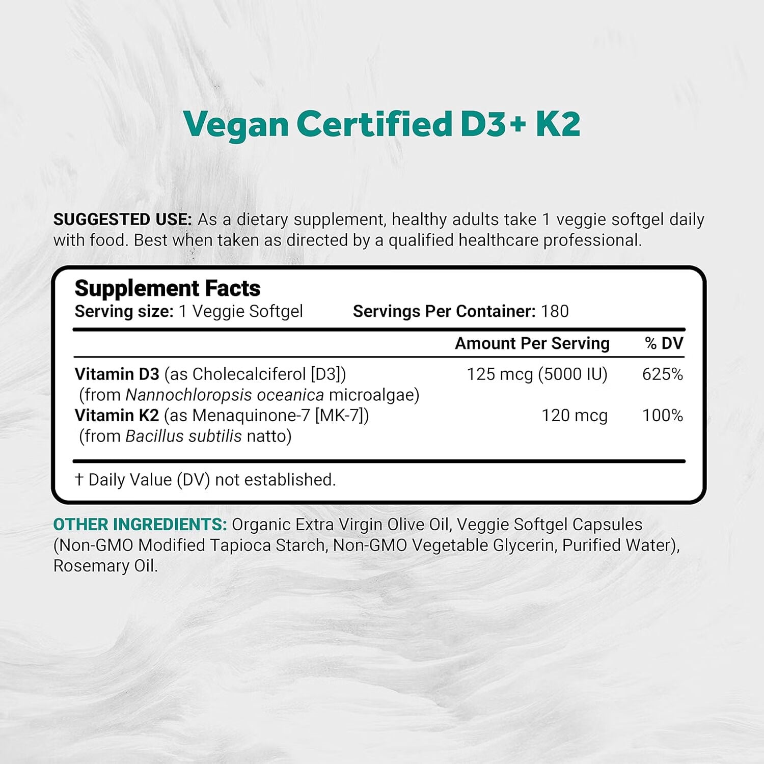 Naturalis Vegan Vitamin D3+K2 from Algae | 5000 IU D3 with 120mcg MK7 | Vegan Society Certified,Sustainably Sourced,Better Than Animal Derived | Better Support for Bone & Immune Health* | 180 Softgel