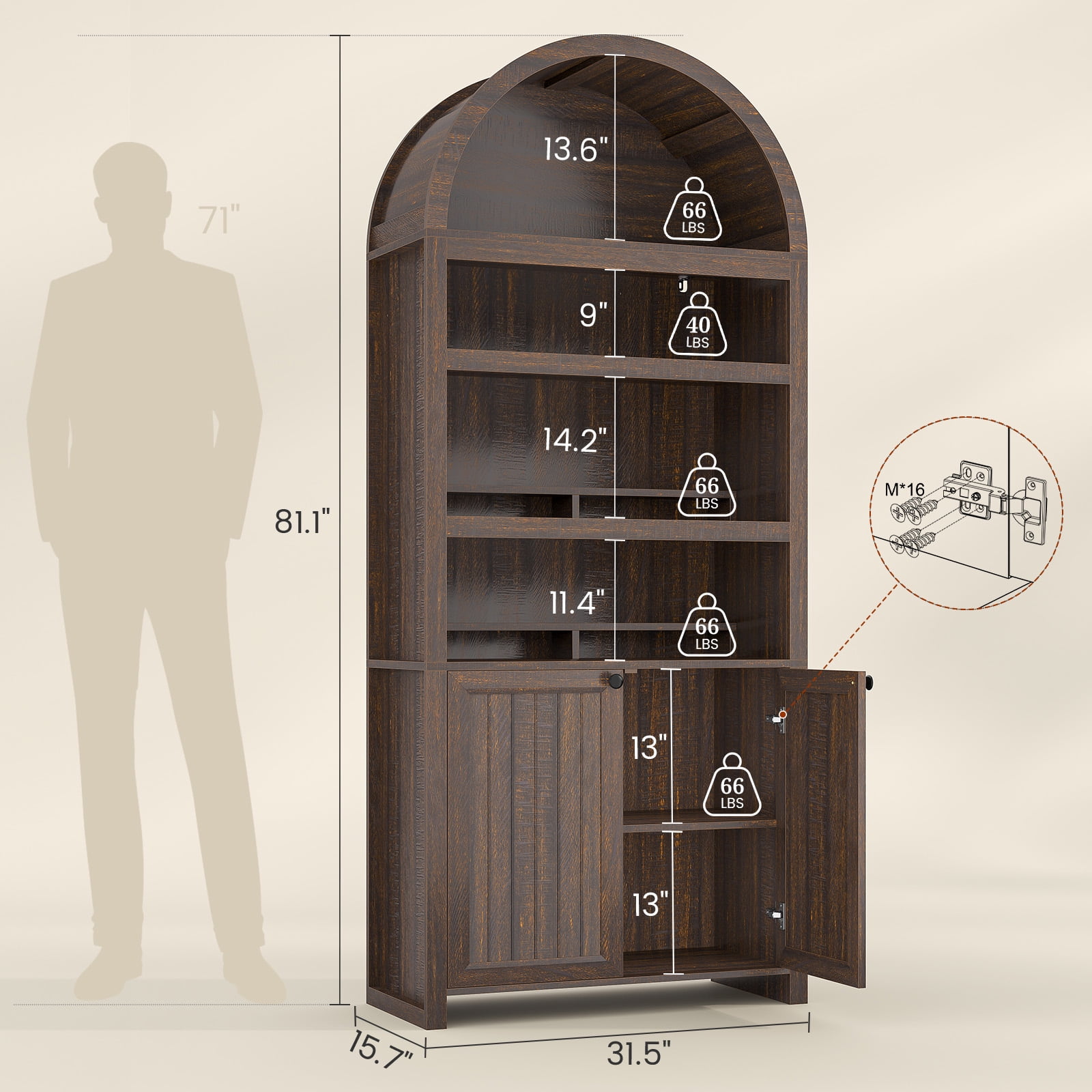 81" Tall Arched Bookshelf, Kitchen Pantry Storage Cabinet, 6-Tier Bookcase with 2 Doors for Living Room, Kitchen, Home Office, Walnut