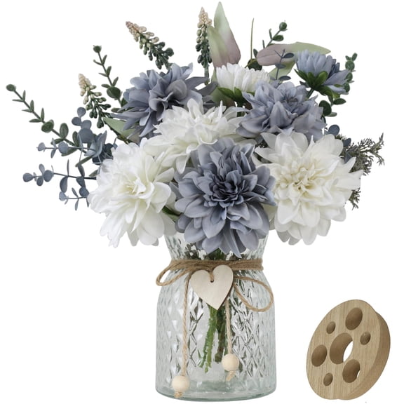 Fake Flowers with Vase,8 Dahlias, with a Flower Arrangement Holder,Silk Faux Dahlia Artificial Flowers in Vase,Centerpiece Table Decorations,Coffee Table Decor