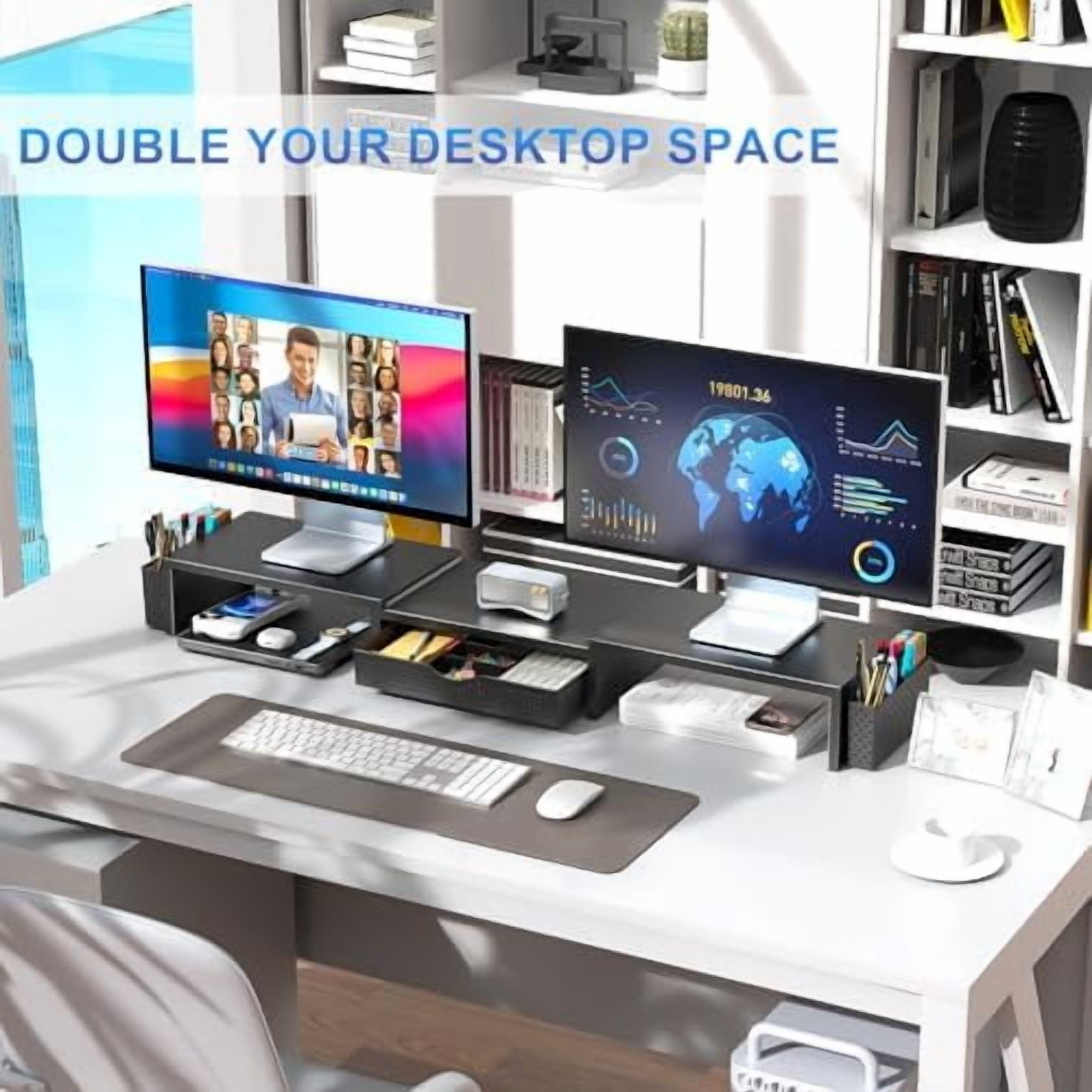 Dual Monitor Stand Riser, Desk Organizer With Drawer and 2 Pen Holders, Computer Monitor Stand, Shelf for Top of Desk, Black