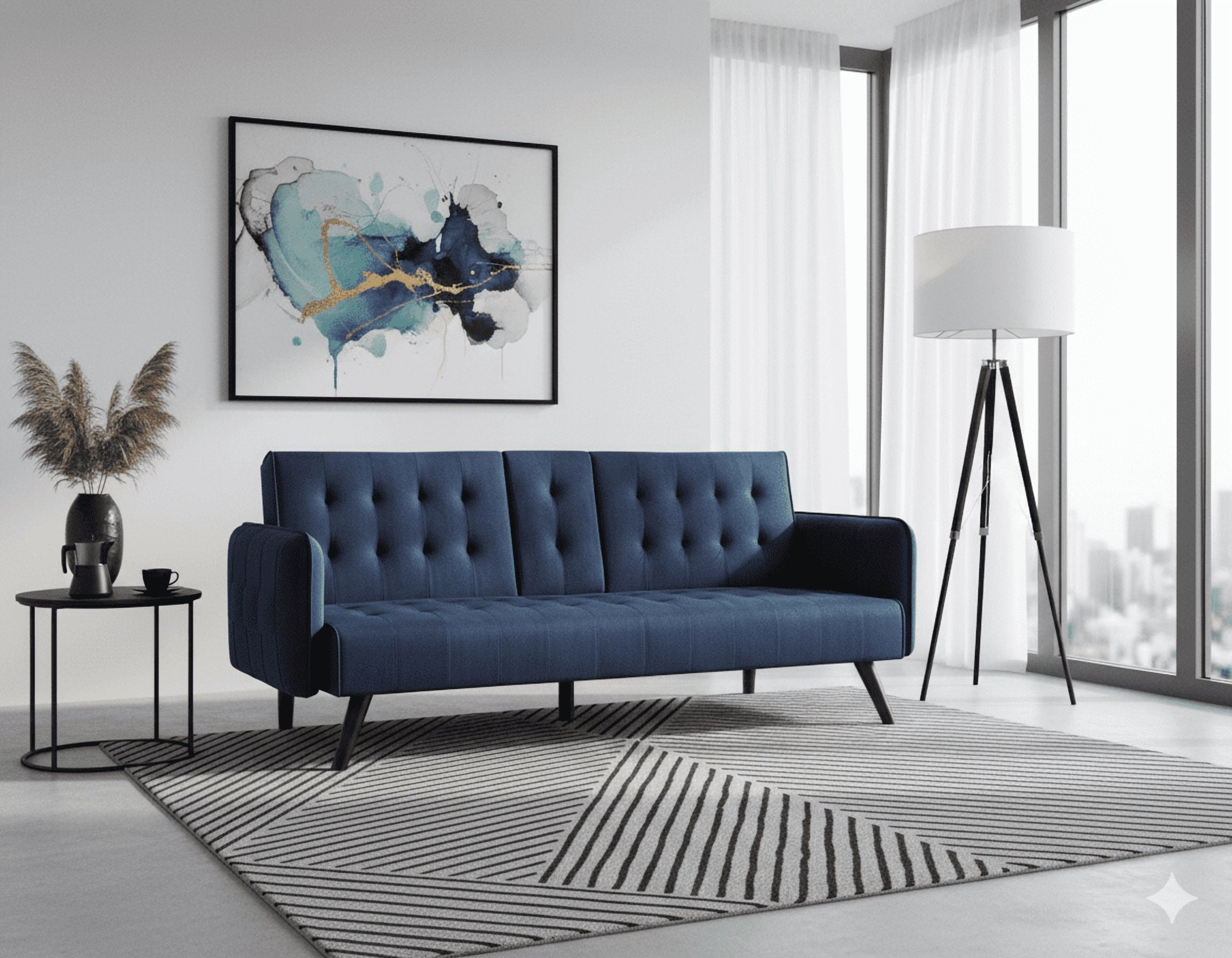 Gewnee 72" Convertible Sofa Bed,Tufted Velvet 3‑Seater Folding Futon Sleeper Couch with Cup Holders,Modern Couch for Home and Guest Room，Dark Blue