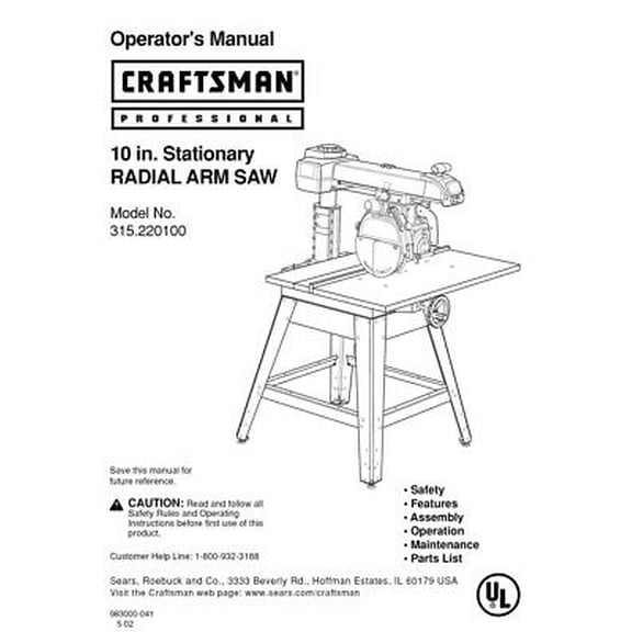 Instruction Manual ONLY for Craftsman 315.220100 Radial Arm Saw Owners Instruction Manual REPRINT