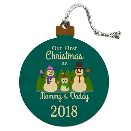 Dad Christmas Ornament - Our First Christmas as Mommy and Daddy 2018 Snowman Family Wood Christmas Tree Holiday Ornament