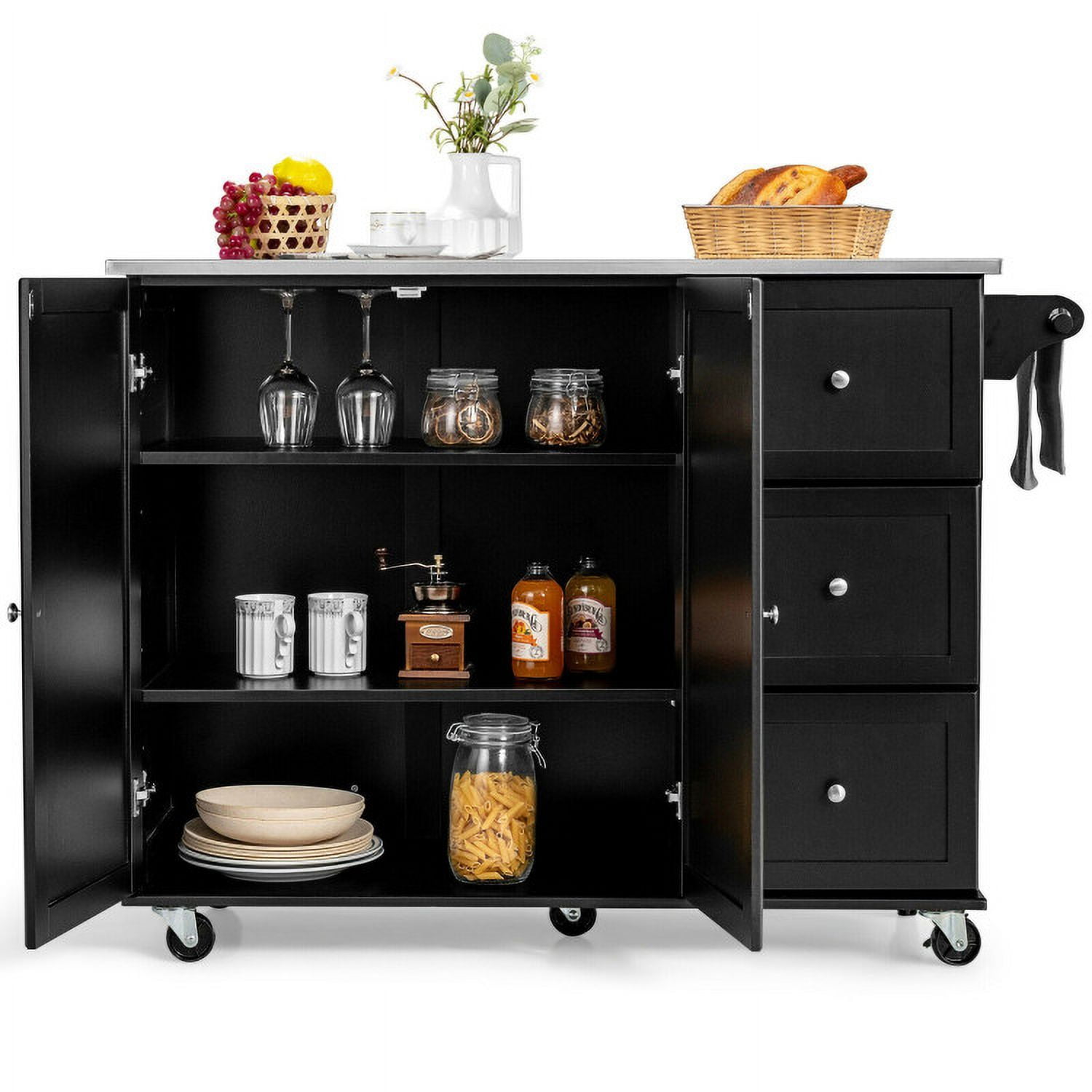 Finihen Rolling Storage Cabinet Cart, Kitchen Island Cart, Kitchen Island 2-Door Storage Cabinet with Drawers and Stainless Steel Top, for Kitchen, Dining Room, Black Finihen Rolling Storage Cabinet Cart, Kitchen Island Cart, Kitchen Island 2-Door Storage Cabinet with Drawers and Stainless Steel Top, for Kitchen, Dining Room, Black