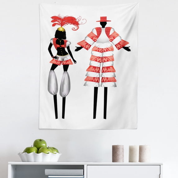 Circus Tapestry, Interpretation of 2 Moko Jumbies Silhouettes in Costumes, Fabric Wall Hanging Decor for Bedroom Living Room Dorm, 5 Sizes, Vermilion Charcoal Grey, by Ambesonne