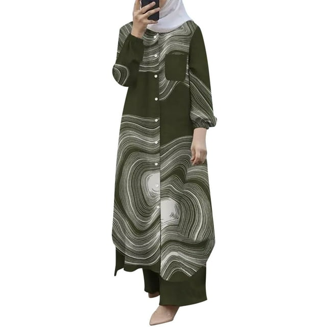 Wdgfv Ensembles Musulmans pour Femmes 2 Pcs Chemise à Manches Longues et Pantalon Abaya Robe Décontractée Tenues Dubai