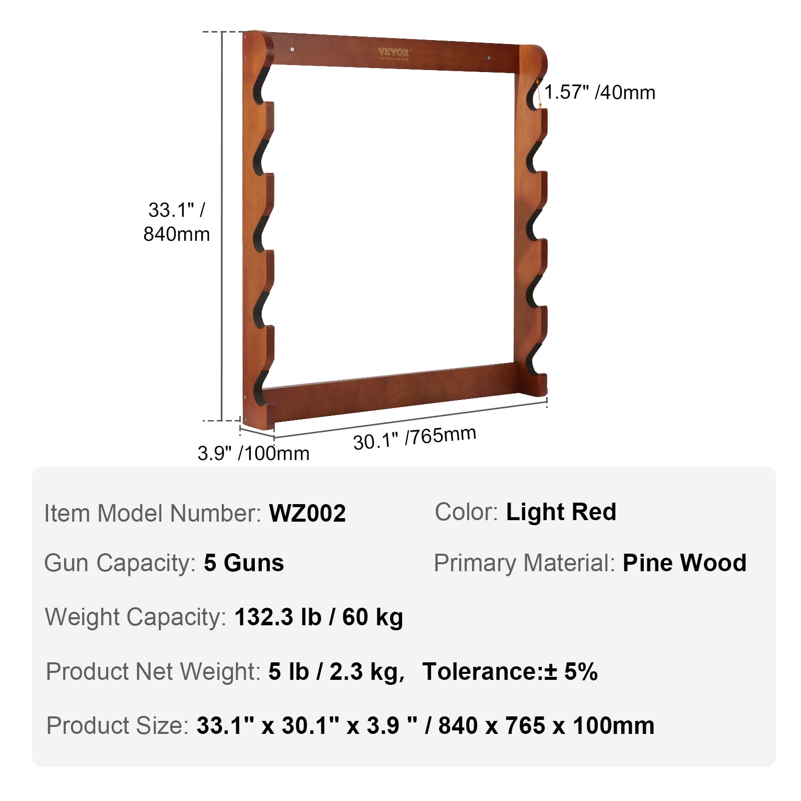 VEVOR Gun Rack, Wood Gun Rack Wall Mount, Gun Display Rack holds 5 Rifles, Shotguns, 132 lb Heavy Duty Wall Storage Display Rifle Rack with Soft Padding