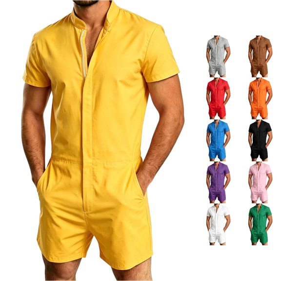 Rhoudy Men Pants Straight Leg Jumpsuit Short Sleeve Stand Collar Romper Piece Shorts Summer Outfit Fashion Mens Clothes S Yellow