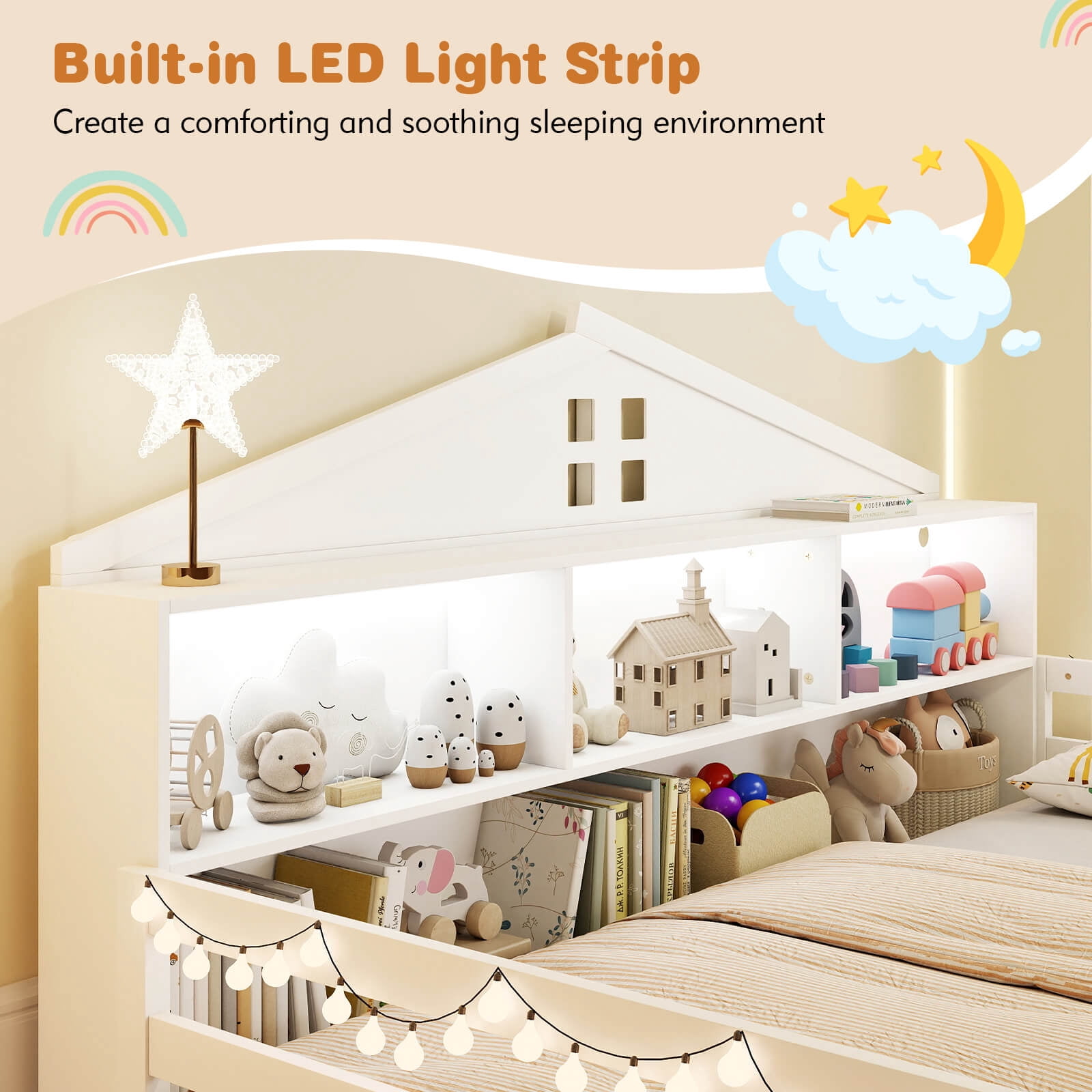 Costway Twin Size Montessori Floor Bed with LED Lights Safety Guardrails Compartments Shelf White